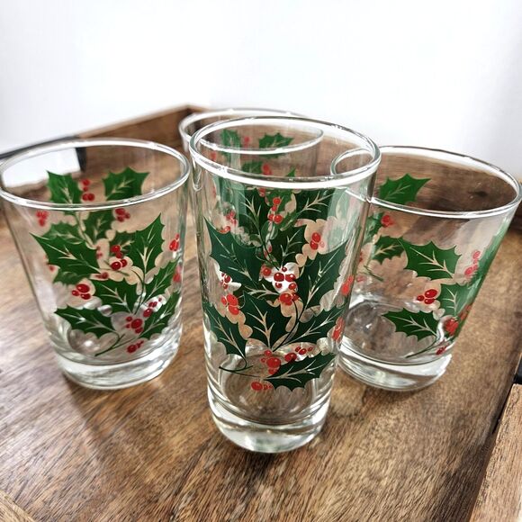 4 Lot Vintage Libby Holly Berry Christmas Drinking Glasses 1 Tumbler 3 Rocks - Picture 5 of 10